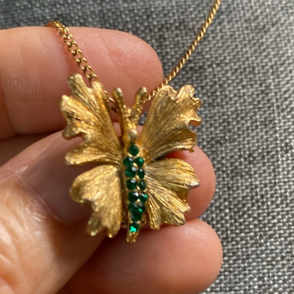 Rare Vintage Emerald Butterfly Necklace Brooch